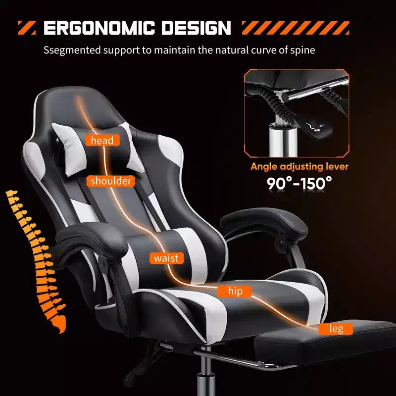 Sedia da gioco ergonomica Okak con poggiapiedi e supporto lombare, sedia da computer con poggiatesta e braccioli, sedia con ruote per studio e ufficio