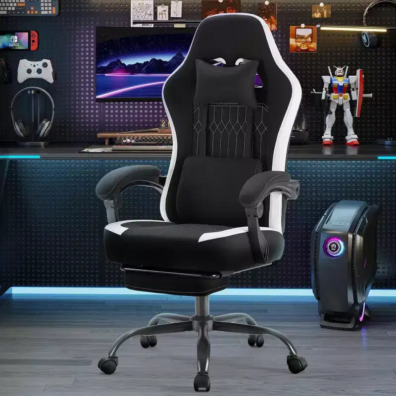 Sedia da ufficio ergonomica Okak con braccioli imbottiti, sedia da gaming con poggiapiedi e supporto lombare, sedia girevole con ruote per casa e ufficio