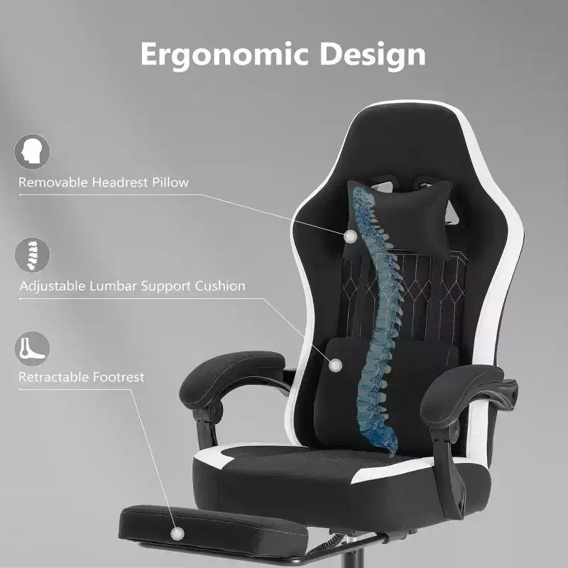 Sedia da ufficio ergonomica Okak con braccioli imbottiti, sedia da gaming con poggiapiedi e supporto lombare, sedia girevole con ruote per casa e ufficio