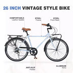Okak Vélo de croisière vintage 26 pouces avec béquille métallique, vélo de ville pour adulte avec cadre métallique et protège-chaîne, vélo pour les trajets quotidiens, les voyages