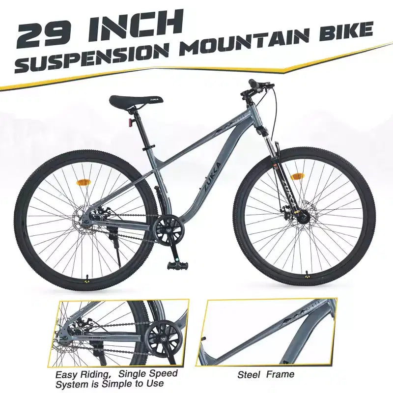 Vélo de montagne Okak 29 pouces à vitesse unique, vélo adulte avec cadre en acier et suspension avant, vélo pour hommes pour les trajets quotidiens, les voyages, la montagne