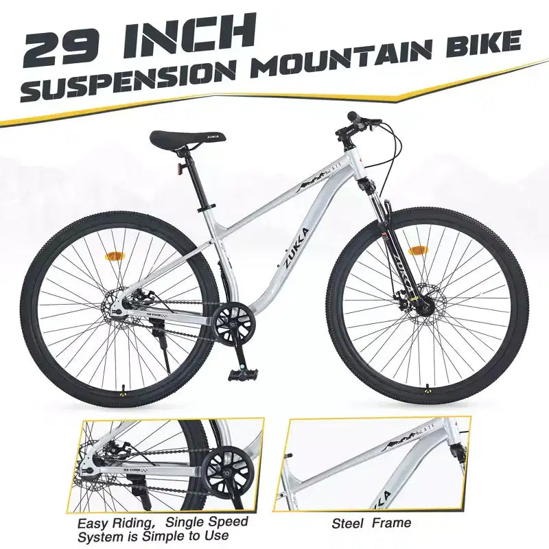 Vélo de montagne Okak 29 pouces à vitesse unique, vélo adulte avec cadre en acier et suspension avant, vélo pour hommes pour les trajets quotidiens, les voyages, la montagne