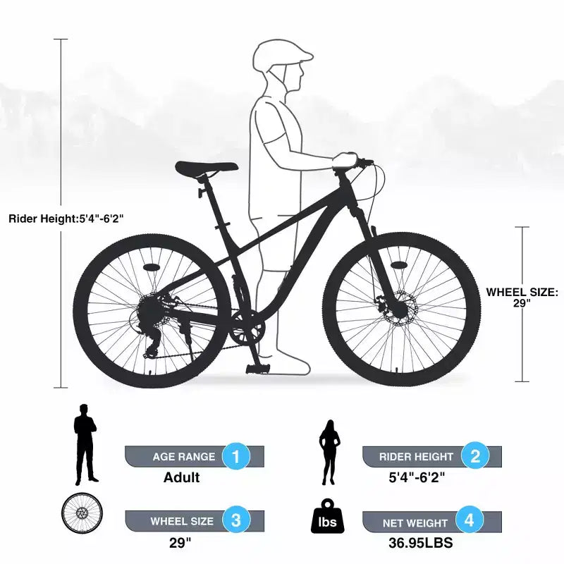 Vélo de montagne Okak 29 pouces à vitesse unique, vélo adulte avec cadre en acier et suspension avant, vélo pour hommes pour les trajets quotidiens, les voyages, la montagne