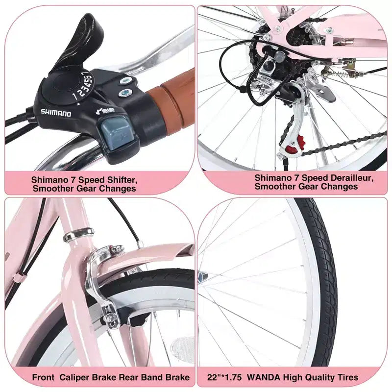Vélos Cruiser Okak 22" avec panier avant, vélo pour filles avec cadre en acier, freins en V et selles confort, vélo adulte pour filles et femmes