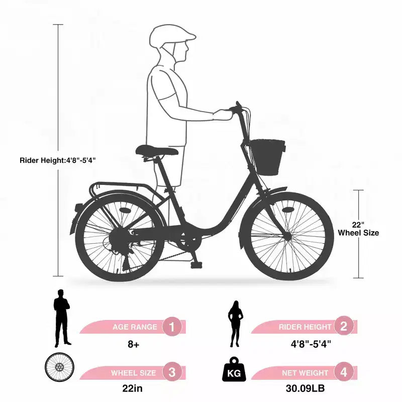 Vélos Cruiser Okak 22" avec panier avant, vélo pour filles avec cadre en acier, freins en V et selles confort, vélo adulte pour filles et femmes
