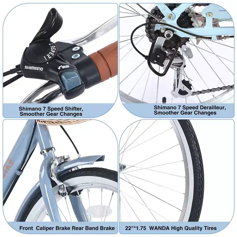 Vélos Cruiser Okak 22" avec panier avant, vélo pour filles avec cadre en acier, freins en V et selles confort, vélo adulte pour filles et femmes