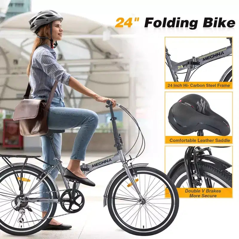 Bicicletta Pieghevole Okak 24IN con 7 Velocità e Telaio in Acciaio, Biciclette Cruiser con Portapacchi Posteriore e Parafango, Bici per Adulti per Viaggi e Pendolarismo