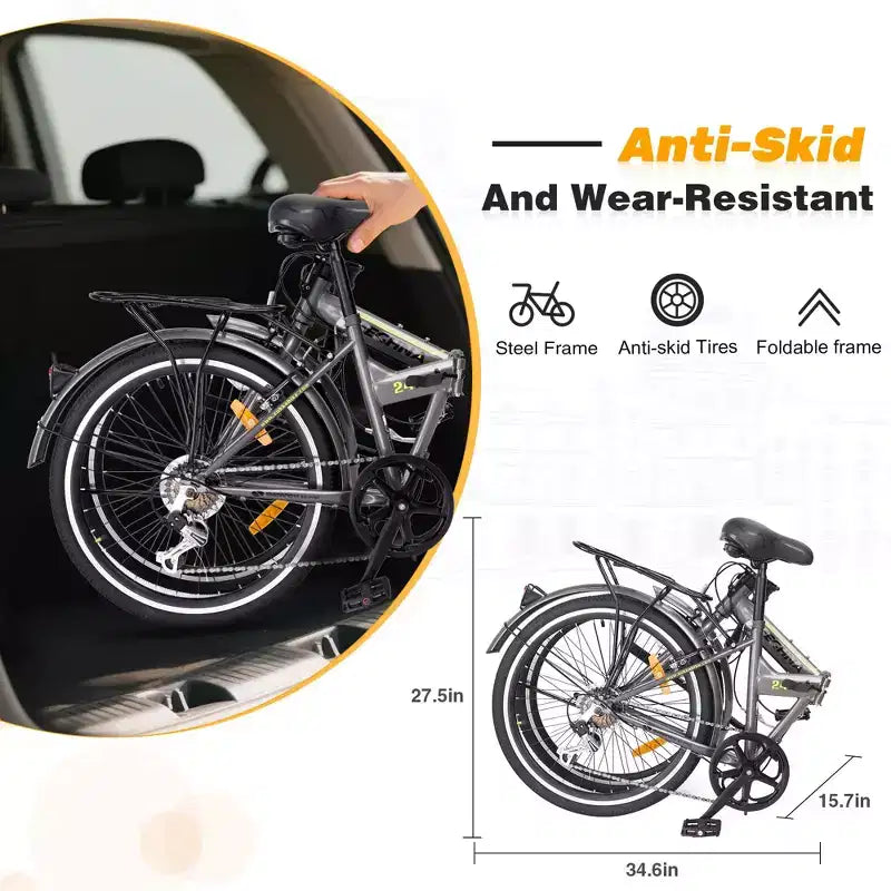 Bicicletta Pieghevole Okak 24IN con 7 Velocità e Telaio in Acciaio, Biciclette Cruiser con Portapacchi Posteriore e Parafango, Bici per Adulti per Viaggi e Pendolarismo
