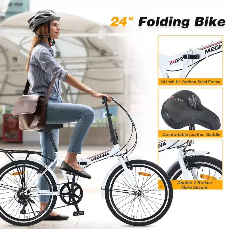 Bicicletta Pieghevole Okak 24IN con 7 Velocità e Telaio in Acciaio, Biciclette Cruiser con Portapacchi Posteriore e Parafango, Bici per Adulti per Viaggi e Pendolarismo