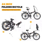 Bicicletta Pieghevole Okak 24IN con 7 Velocità e Telaio in Acciaio, Biciclette Cruiser con Portapacchi Posteriore e Parafango, Bici per Adulti per Viaggi e Pendolarismo