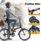 Bicicletta Pieghevole Okak 24IN con 7 Velocità e Telaio in Acciaio, Biciclette Cruiser con Portapacchi Posteriore e Parafango, Bici per Adulti per Viaggi e Pendolarismo