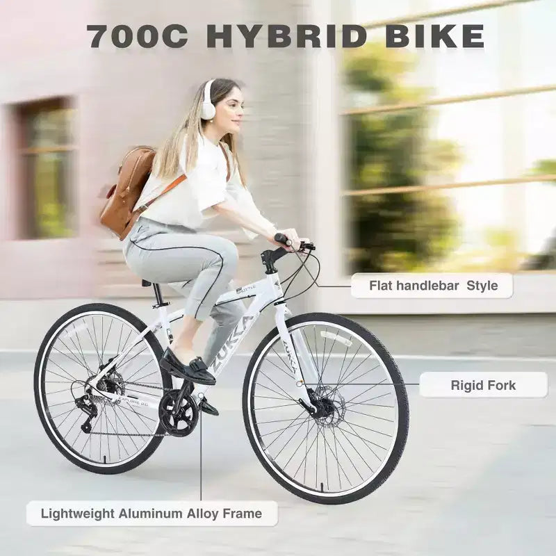 Vélo hybride Okak 700C avec cadre en alliage d'aluminium et freins à double disque, vélo de route à guidon plat, vélo pour adultes pour le cyclisme sur route et les voyages