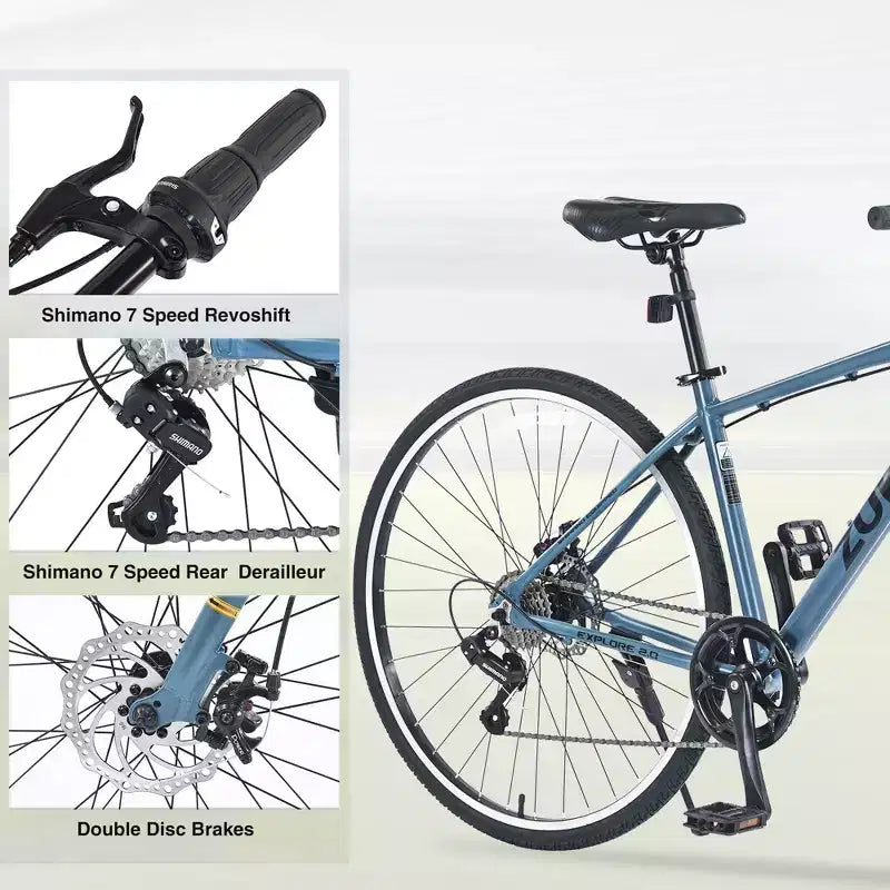 Vélo hybride Okak 700C avec cadre en alliage d'aluminium et freins à double disque, vélo de route à guidon plat, vélo pour adultes pour le cyclisme sur route et les voyages