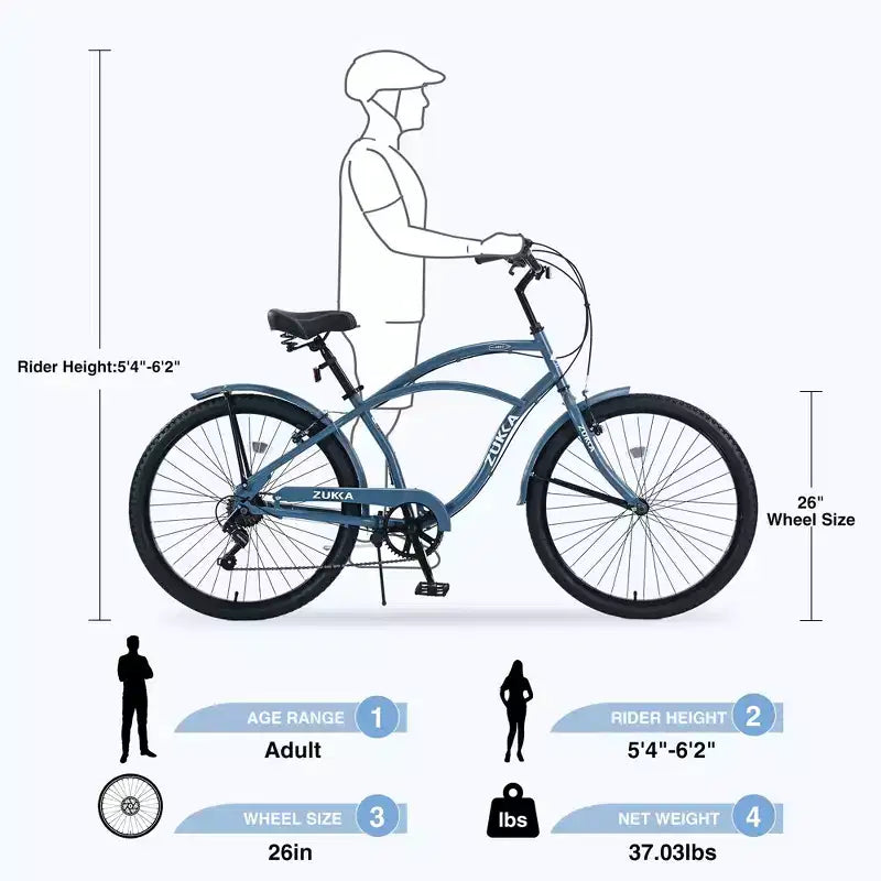 Okak Bici Cruiser da Spiaggia da 26 pollici con Sistema a 7 velocità, Bici da Uomo con Freni a V Anteriori e Posteriori, Bicicletta con Telaio in Metallo per Adolescenti e Adulti
