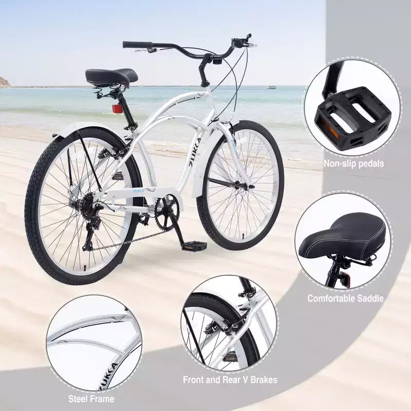 Okak Bici Cruiser da Spiaggia da 26 pollici con Sistema a 7 velocità, Bici da Uomo con Freni a V Anteriori e Posteriori, Bicicletta con Telaio in Metallo per Adolescenti e Adulti