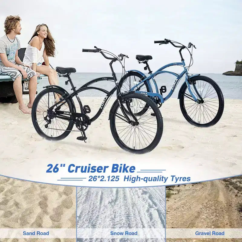 Okak Bici Cruiser da Spiaggia da 26 pollici con Sistema a 7 velocità, Bici da Uomo con Freni a V Anteriori e Posteriori, Bicicletta con Telaio in Metallo per Adolescenti e Adulti