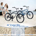 Okak Bici Cruiser da Spiaggia da 26 pollici con Sistema a 7 velocità, Bici da Uomo con Freni a V Anteriori e Posteriori, Bicicletta con Telaio in Metallo per Adolescenti e Adulti