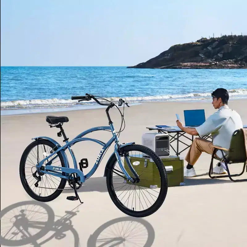 Okak Bici Cruiser da Spiaggia da 26 pollici con Sistema a 7 velocità, Bici da Uomo con Freni a V Anteriori e Posteriori, Bicicletta con Telaio in Metallo per Adolescenti e Adulti