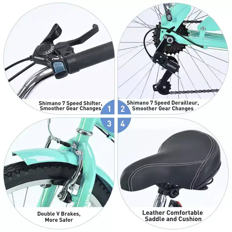 Vélo Okak 26 pouces pour femme avec 7 vitesses, vélo de plage cruiser avec double frein en V et selle rembourrée, vélo pour adulte pour les trajets quotidiens, les voyages, la montagne