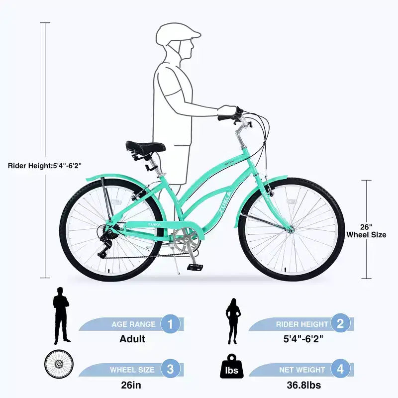 Vélo Okak 26 pouces pour femme avec 7 vitesses, vélo de plage cruiser avec double frein en V et selle rembourrée, vélo pour adulte pour les trajets quotidiens, les voyages, la montagne