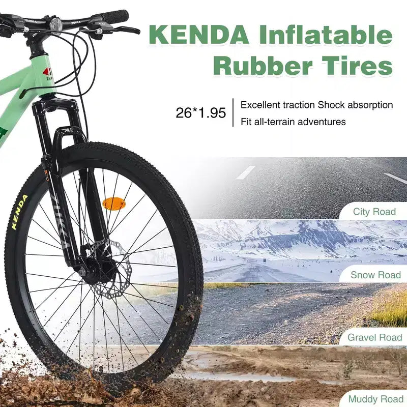 Vélo adulte Okak 26 pouces, 24 vitesses, fourche suspendue, VTT avec pneus KENDA et freins à disque, VTT à pneus larges pour hommes et femmes