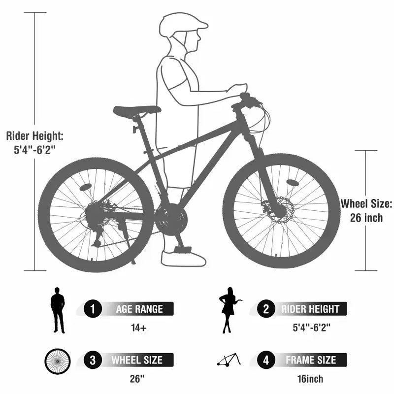 Vélo adulte Okak 26 pouces, 24 vitesses, fourche suspendue, VTT avec pneus KENDA et freins à disque, VTT à pneus larges pour hommes et femmes