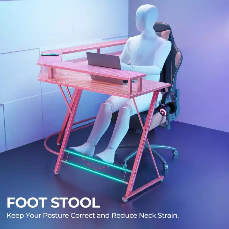 Greenstell Bureau en L de 128 cm – Surface en fibre de carbone avec lumière LED et prises de courant, table de gamer avec support d'écran et crochet pour casque