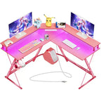 Greenstell Bureau en L de 128 cm – Surface en fibre de carbone avec lumière LED et prises de courant, table de gamer avec support d'écran et crochet pour casque