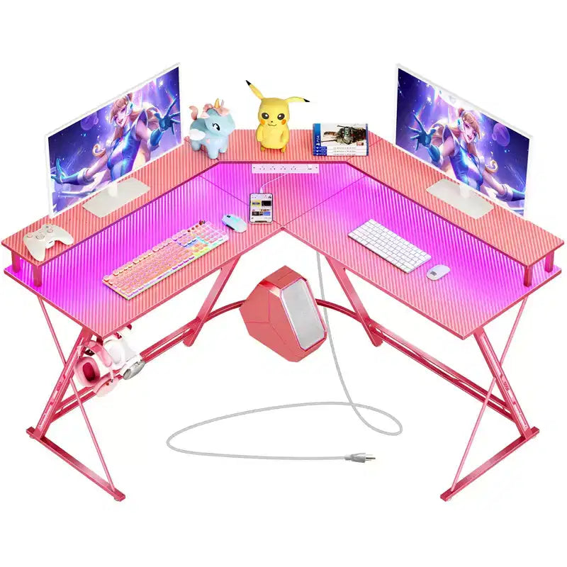 Greenstell Bureau en L de 128 cm – Surface en fibre de carbone avec lumière LED et prises de courant, table de gamer avec support d'écran et crochet pour casque