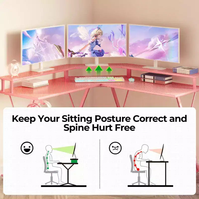 Greenstell Bureau en L de 128 cm – Surface en fibre de carbone avec lumière LED et prises de courant, table de gamer avec support d'écran et crochet pour casque