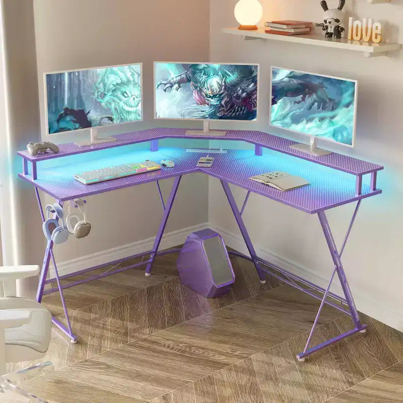 Greenstell Bureau en L de 128 cm – Surface en fibre de carbone avec lumière LED et prises de courant, table de gamer avec support d'écran et crochet pour casque