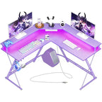 Greenstell Bureau en L de 128 cm – Surface en fibre de carbone avec lumière LED et prises de courant, table de gamer avec support d'écran et crochet pour casque