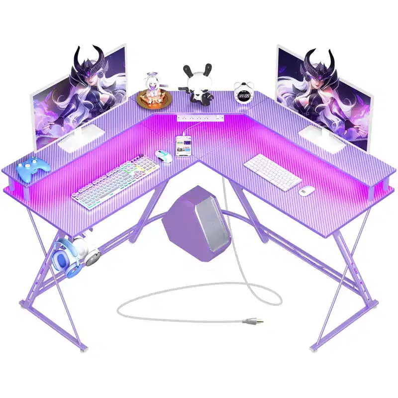 Greenstell Bureau en L de 128 cm – Surface en fibre de carbone avec lumière LED et prises de courant, table de gamer avec support d'écran et crochet pour casque