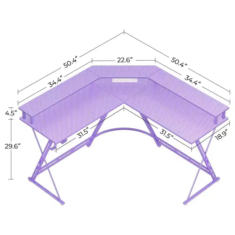 Greenstell Bureau en L de 128 cm – Surface en fibre de carbone avec lumière LED et prises de courant, table de gamer avec support d'écran et crochet pour casque