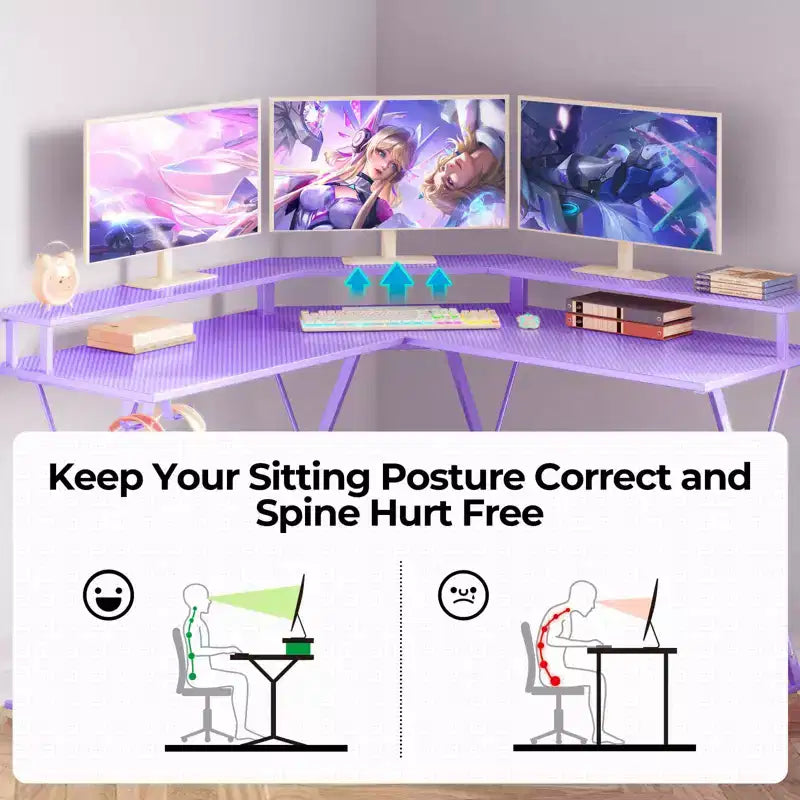 Greenstell Bureau en L de 128 cm – Surface en fibre de carbone avec lumière LED et prises de courant, table de gamer avec support d'écran et crochet pour casque
