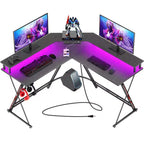 Greenstell Bureau en L de 128 cm – Surface en fibre de carbone avec lumière LED et prises de courant, table de gamer avec support d'écran et crochet pour casque