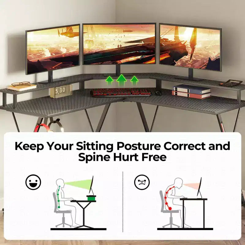 Greenstell Bureau en L de 128 cm – Surface en fibre de carbone avec lumière LED et prises de courant, table de gamer avec support d'écran et crochet pour casque