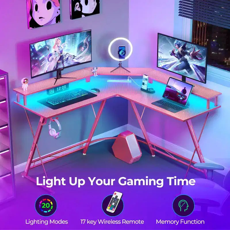 Greenstell Bureau en L de 128 cm – Surface en fibre de carbone avec lumière LED et prises de courant, table de gamer avec support d'écran et crochet pour casque