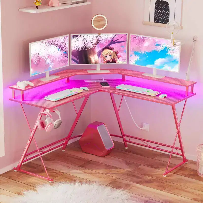 Greenstell Bureau en L de 128 cm – Surface en fibre de carbone avec lumière LED et prises de courant, table de gamer avec support d'écran et crochet pour casque