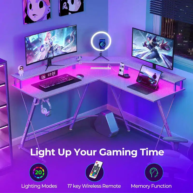 Greenstell Bureau en L de 128 cm – Surface en fibre de carbone avec lumière LED et prises de courant, table de gamer avec support d'écran et crochet pour casque