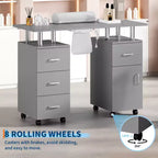 COZONY Table de manucure avec collecteur de poussière électrique, 4 tiroirs, armoire de rangement, repose-poignet et roulettes verrouillables, pour salon et maison