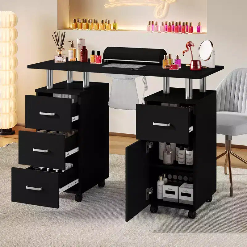 COZONY Table de manucure avec collecteur de poussière électrique, 4 tiroirs, armoire de rangement, repose-poignet et roulettes verrouillables, pour salon et maison