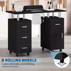 COZONY Table de manucure avec collecteur de poussière électrique, 4 tiroirs, armoire de rangement, repose-poignet et roulettes verrouillables, pour salon et maison