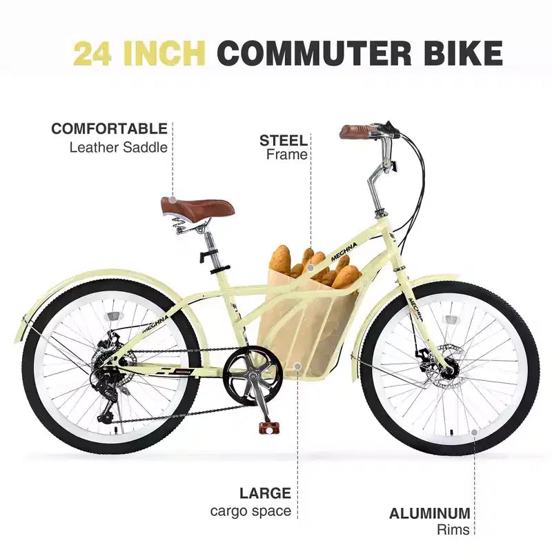 Vélo de croisière Okak 24 pouces avec grand panier, vélo adulte 6 vitesses avec cadre en acier et frein à disque, vélo de ville pour hommes et femmes