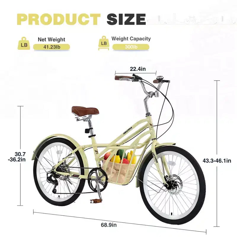 Vélo de croisière Okak 24 pouces avec grand panier, vélo adulte 6 vitesses avec cadre en acier et frein à disque, vélo de ville pour hommes et femmes