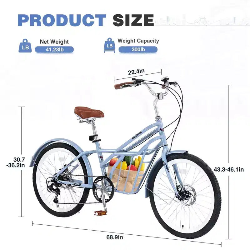 Vélo de croisière Okak 24 pouces avec grand panier, vélo adulte 6 vitesses avec cadre en acier et frein à disque, vélo de ville pour hommes et femmes