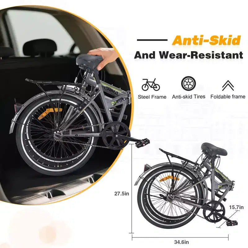 Vélo pliant Okak 24 pouces avec garde-boue et double frein en V, vélo de ville avec cadre en acier et porte-bagages, vélos de croisière pour hommes et femmes