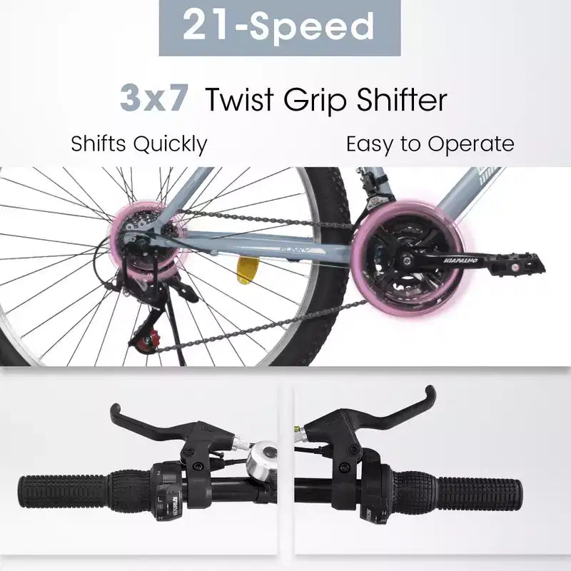 VTT Okak 24/26 pouces avec cadre en acier au carbone, vélo adulte avec système 21 vitesses et double frein en V, vélo de saleté pour adultes et adolescents