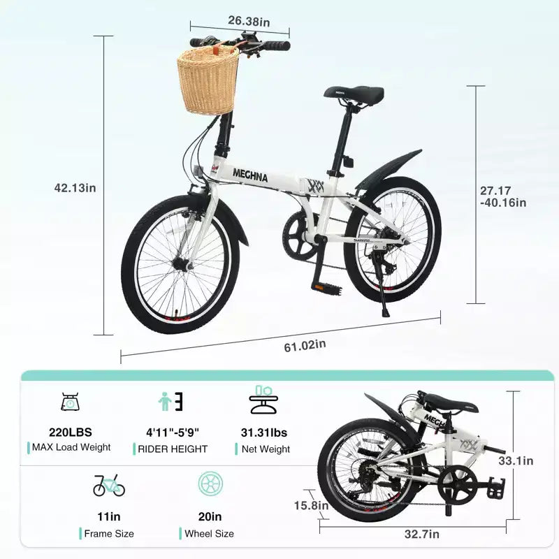 Vélo Pliant Okak 20 pouces avec Panier Avant, Support Téléphone et Garde-Boue, Vélo Adulte 6 Vitesses avec Cadre en Acier et Double Frein V-Brake, Vélo pour Hommes et Femmes