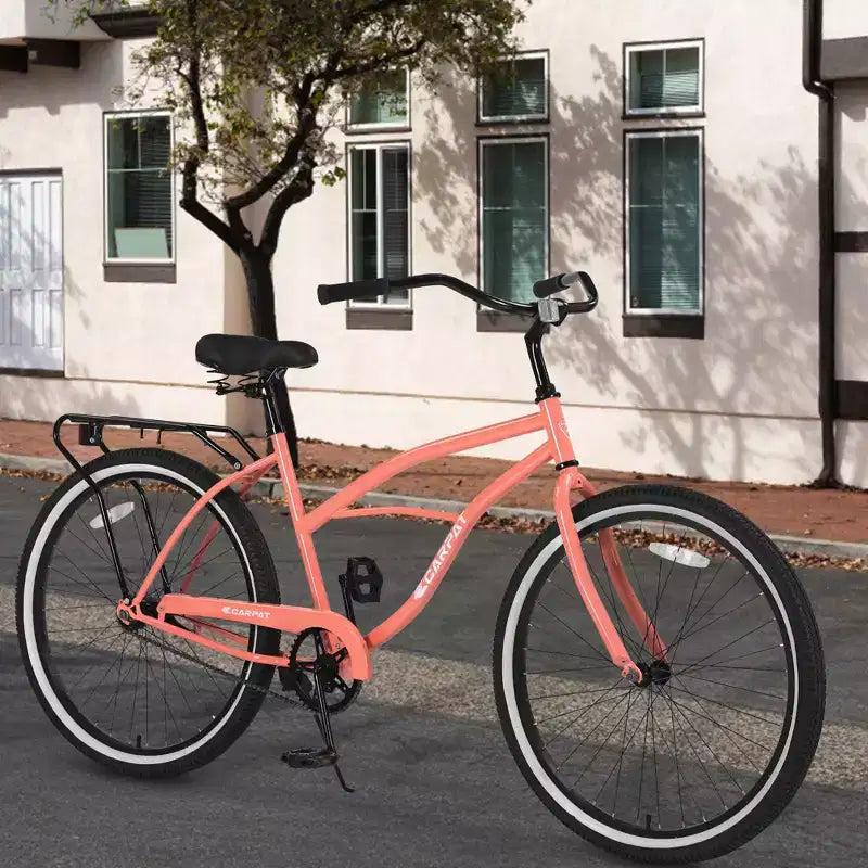 Bici Beach Cruiser Okak da 26 pollici con telaio in acciaio, trasmissione a velocità singola, bici per adulti con pedalata confortevole, bicicletta per uomo e donna, rosa